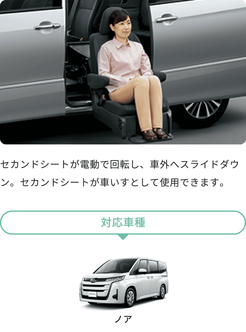 サイドリフトアップシート車は、ノア。セカンドシートが電動で回転し、車外へスライドダウン。セカンドシートが車いすとして使用できます。