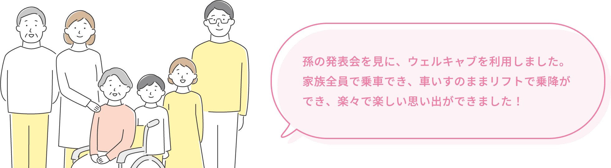 孫の発表会を見に、ウェルキャブを利用しました。家族全員で乗車でき、車いすのままリフトで乗降ができ、楽々で楽しい思い出ができました!